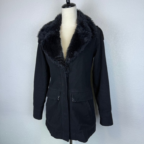 Y2K Hurley Black Faux Fur Trimmed Jacket Coat Faux Leather Patches Women's Small - Picture 2 of 11